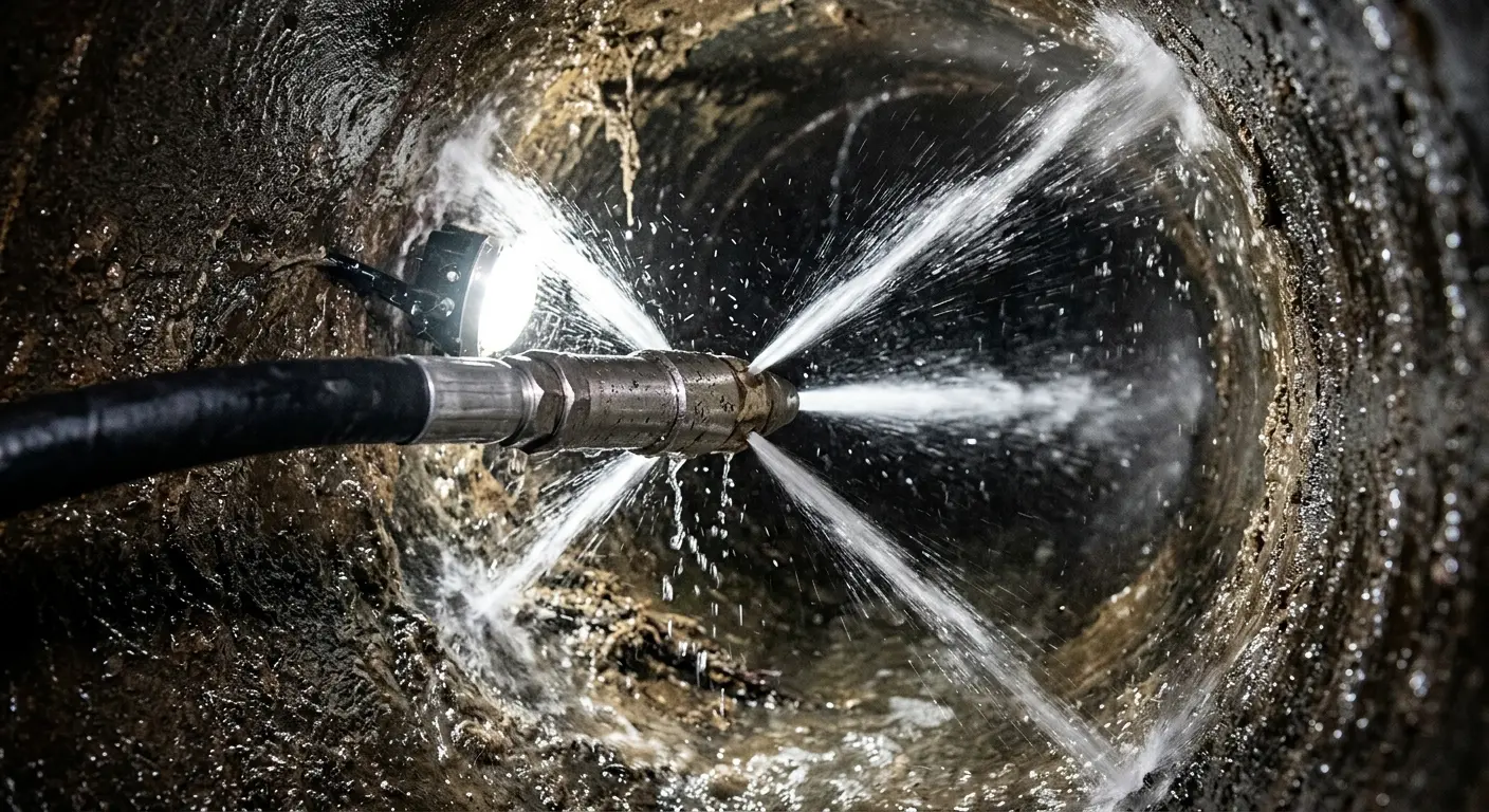 High-pressure hydro jetting nozzle cleaning sewer pipe for Emergency Drain Service in East Riverdale