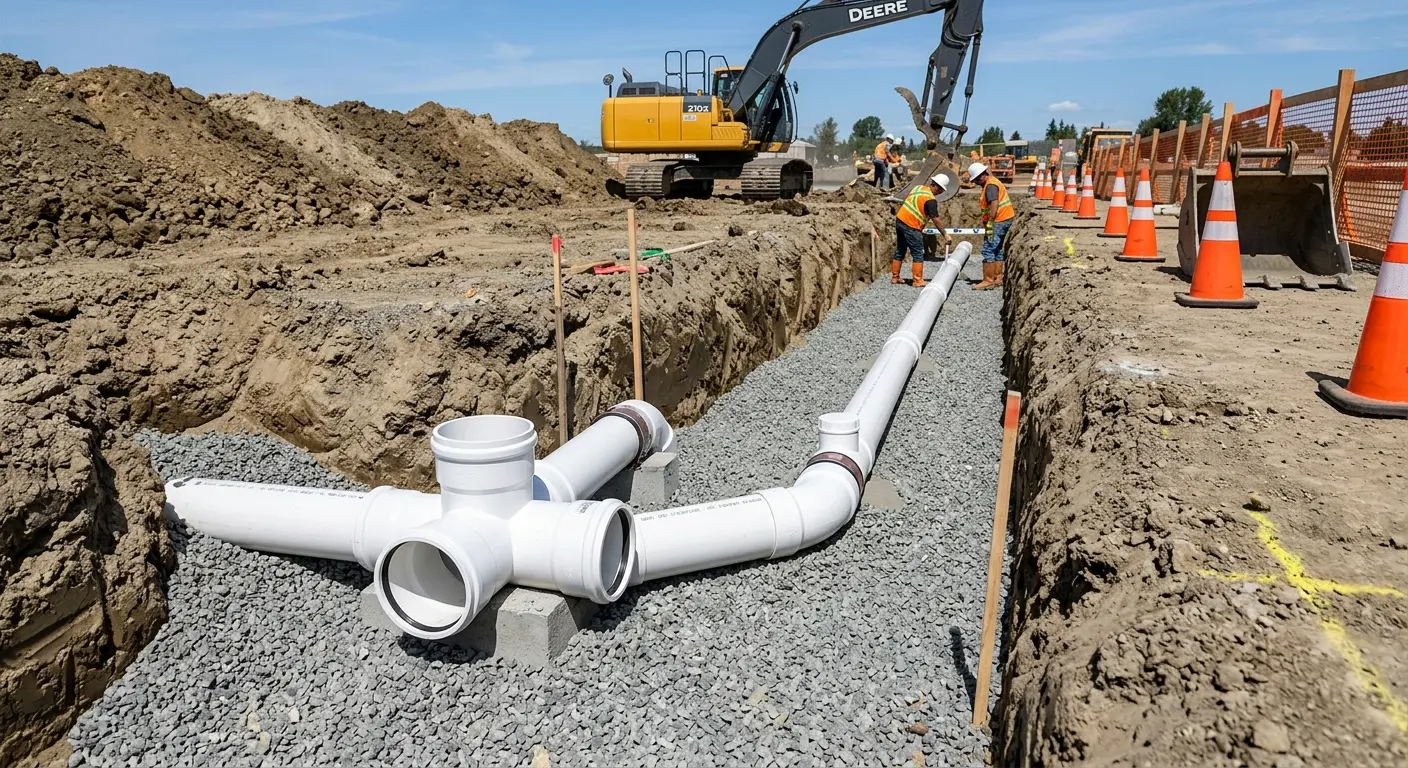 New PVC sewer pipe installation in open trench for Commercial Drain Cleaning in East Riverdale