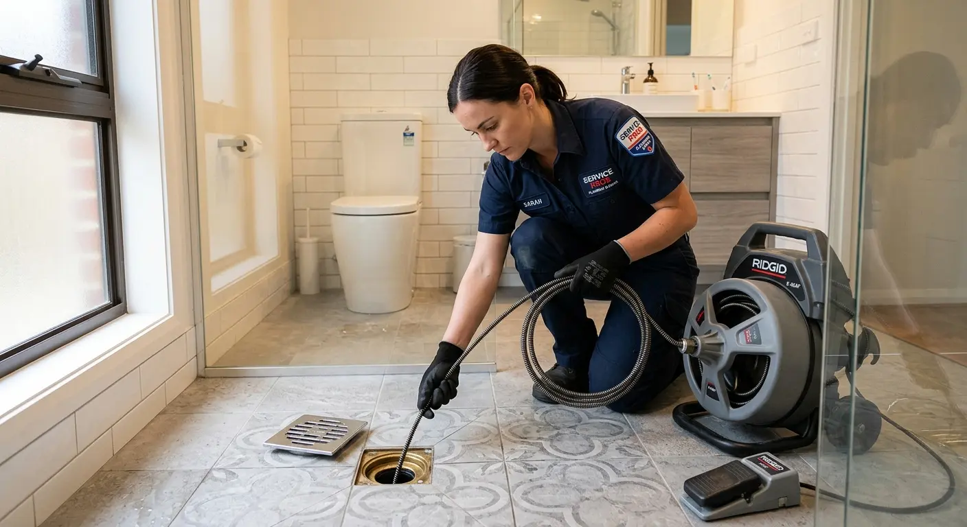 Technician clearing a bathroom floor drain for Clogged Drain Repair in East Riverdale